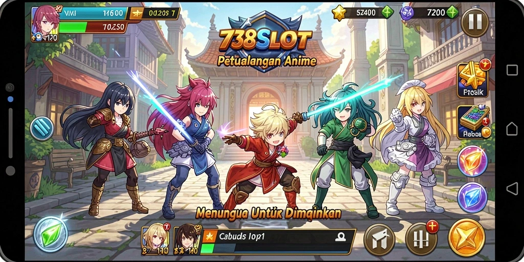 Screenshot utama 738SLOT menampilkan karakter Anime dalam gameplay yang menarik.
