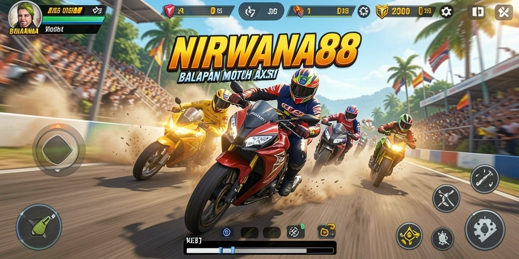 Screenshot gameplay NIRWANA88 menampilkan balapan motor yang mendebarkan.