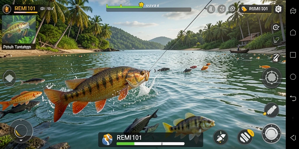Screenshot gameplay REMI101 memperlihatkan pengalaman memancing yang imersif.